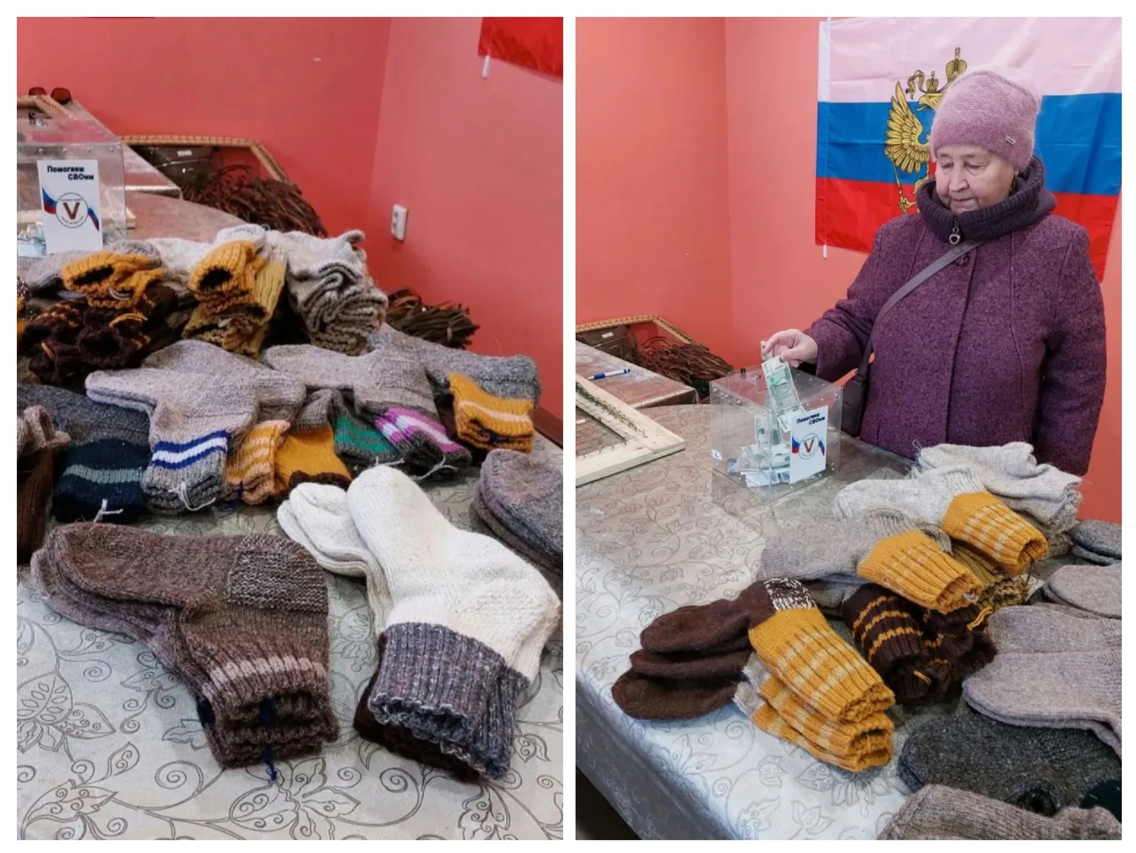 Вязальщицы из Мокино и Советска передали носки для бойцов, Галина Куршина сшила 100 мужских трусов, были два взноса в копилочку и экскурсия для посетительницы.