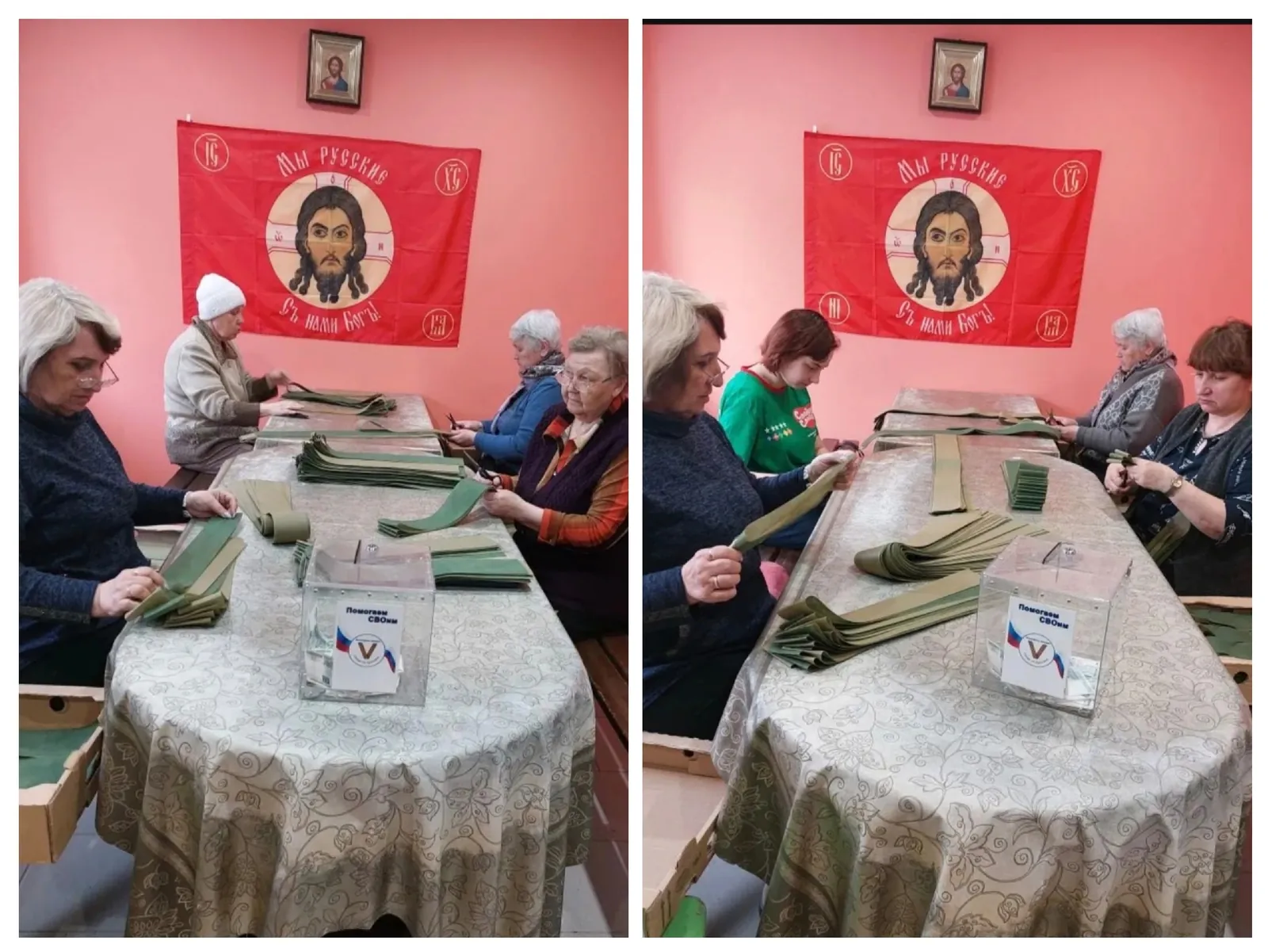 Смоленцевы, Глушкова И.Е., Перминова Е.В. внесли денежные взносы и принесли чай, салфетки, воду. Постоянно несут банки под свечи. Волонтёры из Муши забрали материалы для сетей и пошива. Коллектив Воскресной школы трудился на своих местах.